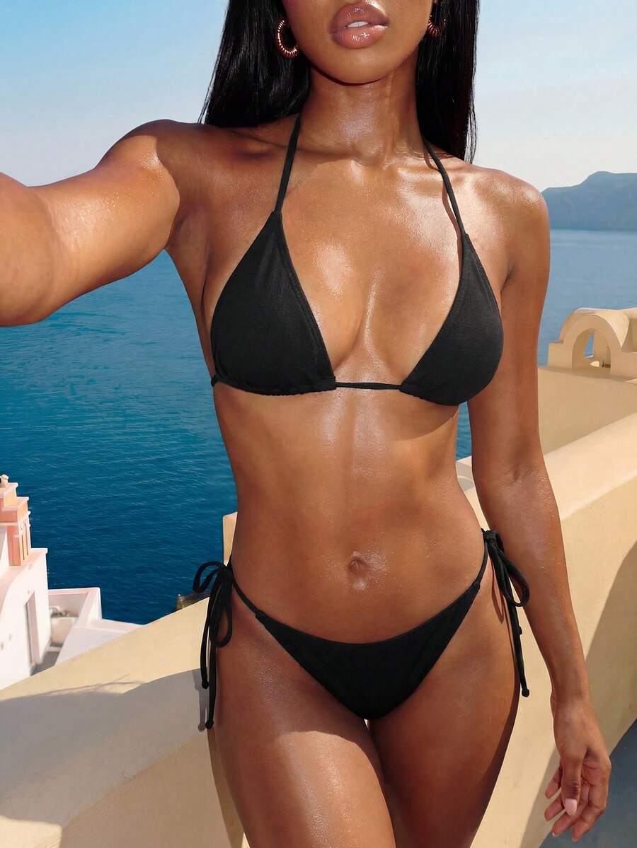 Swim Vcay 2026 Spring/Summer Green Special Fabric Women's Swimwear, Spaghetti Strap Halter Solid Color Sexy Side Tie Thong Bikini Two-Piece Swimwear Teal Bikini Tie Bikini Set Textured Bikini Triangle Bikini Triangle Bikini Set