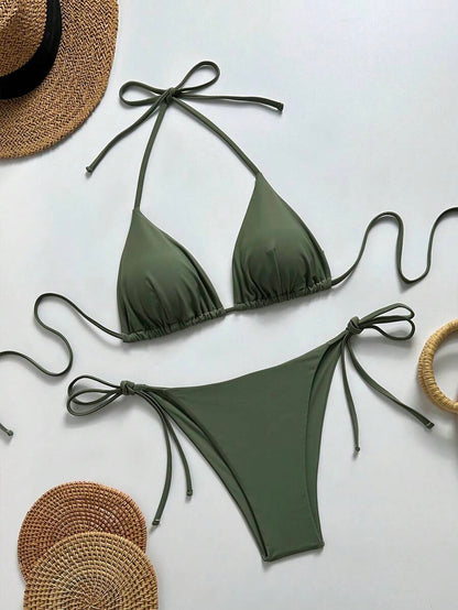 Women's Solid Halter Bikini Set - Knot Detail, Tie Side, Triangle Cup, Navy Blue