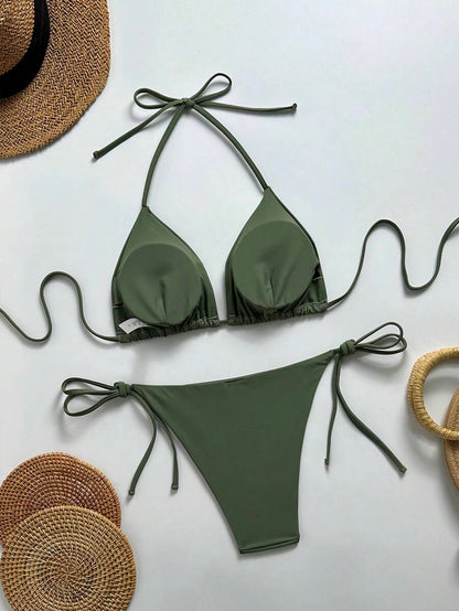 Women's Solid Halter Bikini Set - Knot Detail, Tie Side, Triangle Cup, Navy Blue