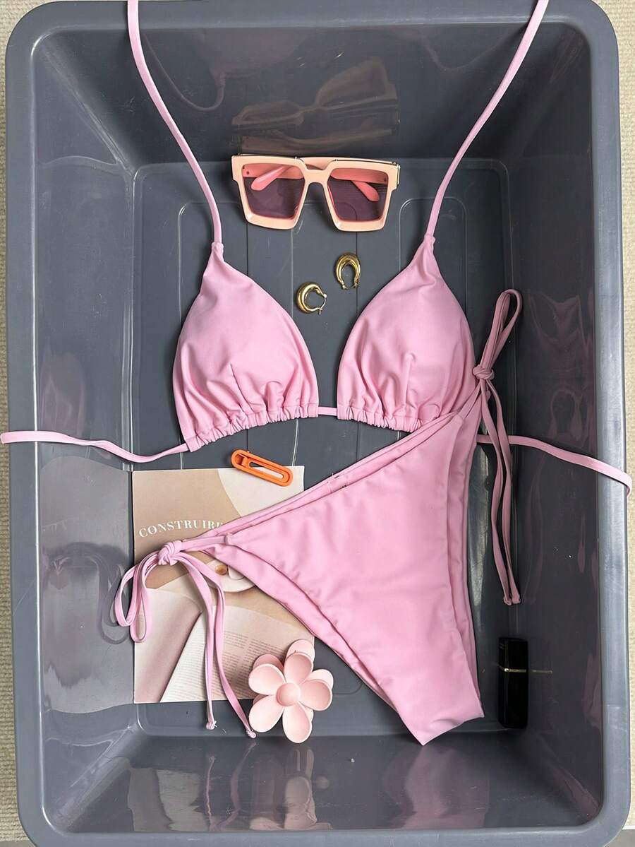 Women's Solid Halter Bikini Set - Knot Detail, Tie Side, Triangle Cup, Navy Blue