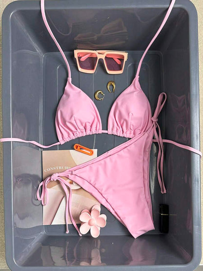 Women's Solid Halter Bikini Set - Knot Detail, Tie Side, Triangle Cup, Navy Blue