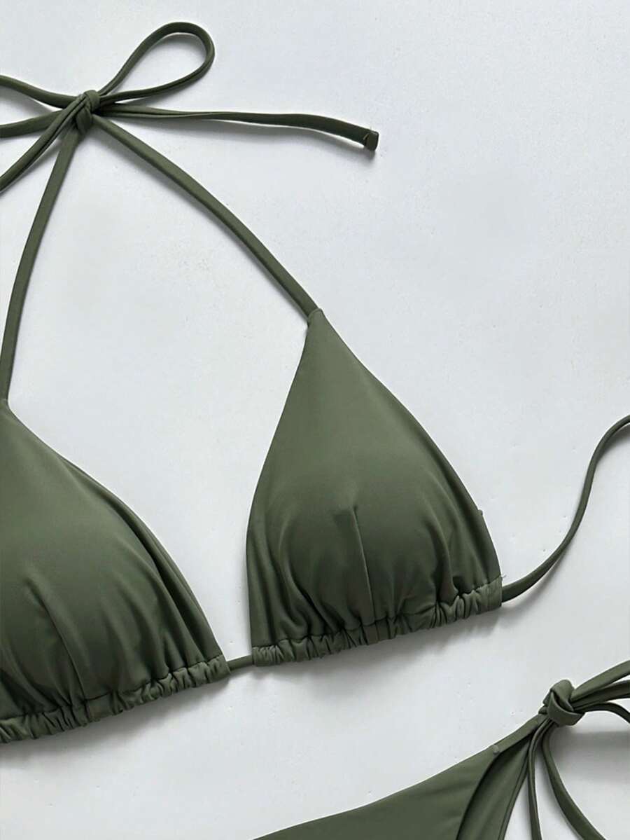 Women's Solid Halter Bikini Set - Knot Detail, Tie Side, Triangle Cup, Navy Blue