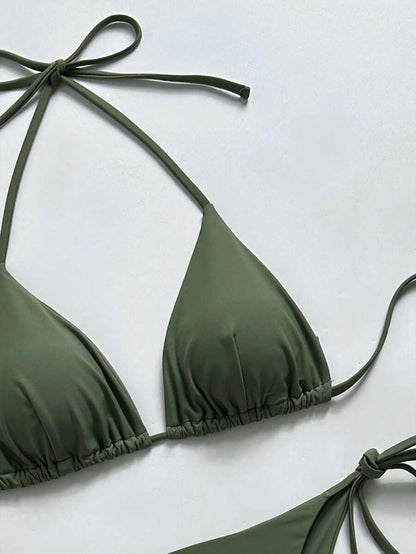 Women's Solid Halter Bikini Set - Knot Detail, Tie Side, Triangle Cup, Navy Blue