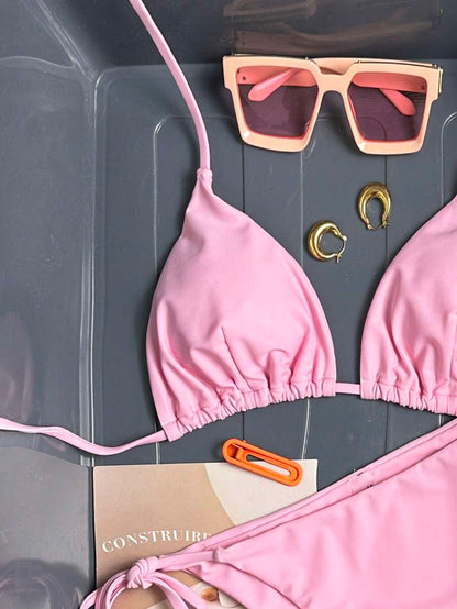 Women's Solid Halter Bikini Set - Knot Detail, Tie Side, Triangle Cup, Navy Blue