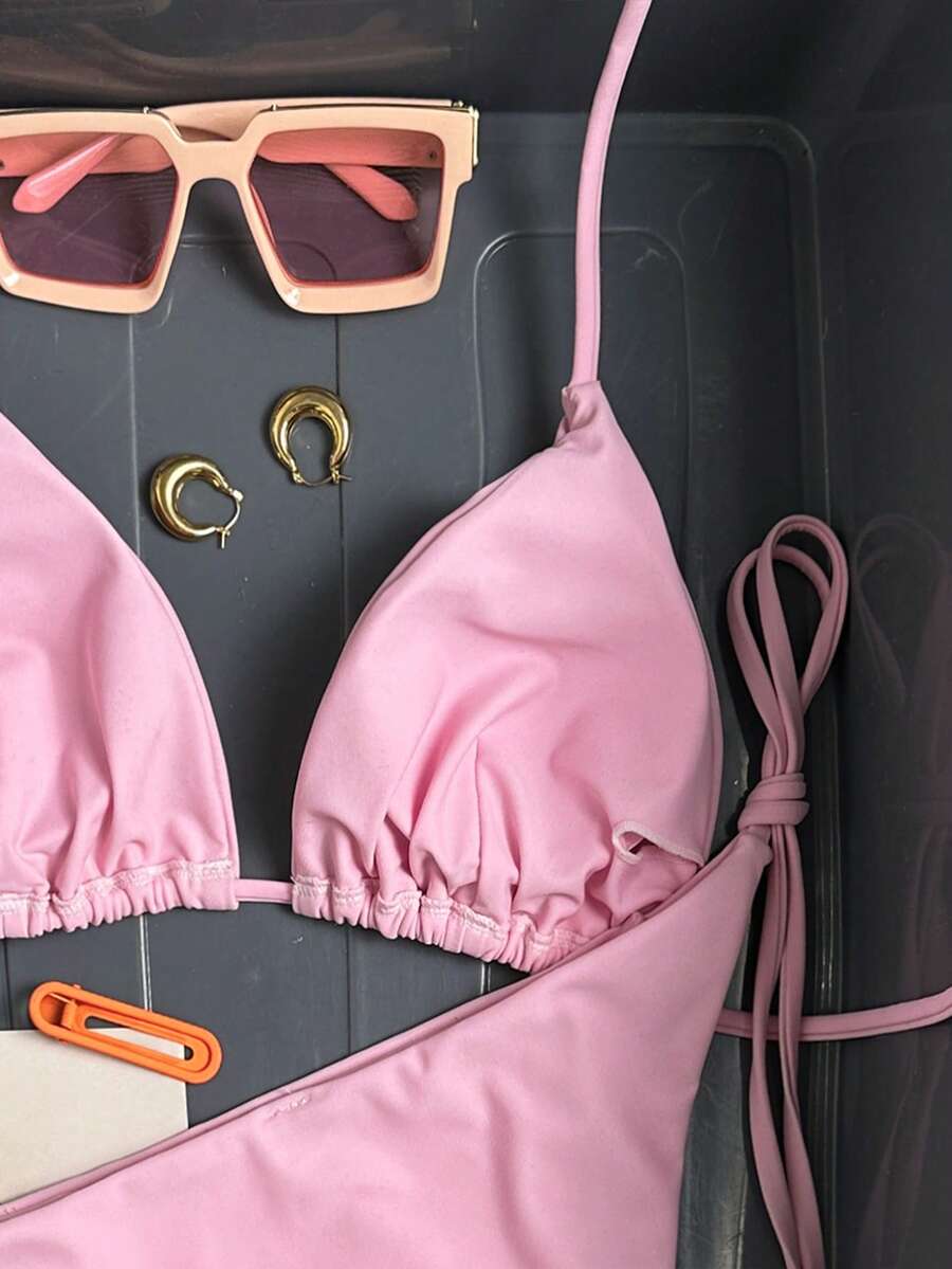 Women's Solid Halter Bikini Set - Knot Detail, Tie Side, Triangle Cup, Navy Blue