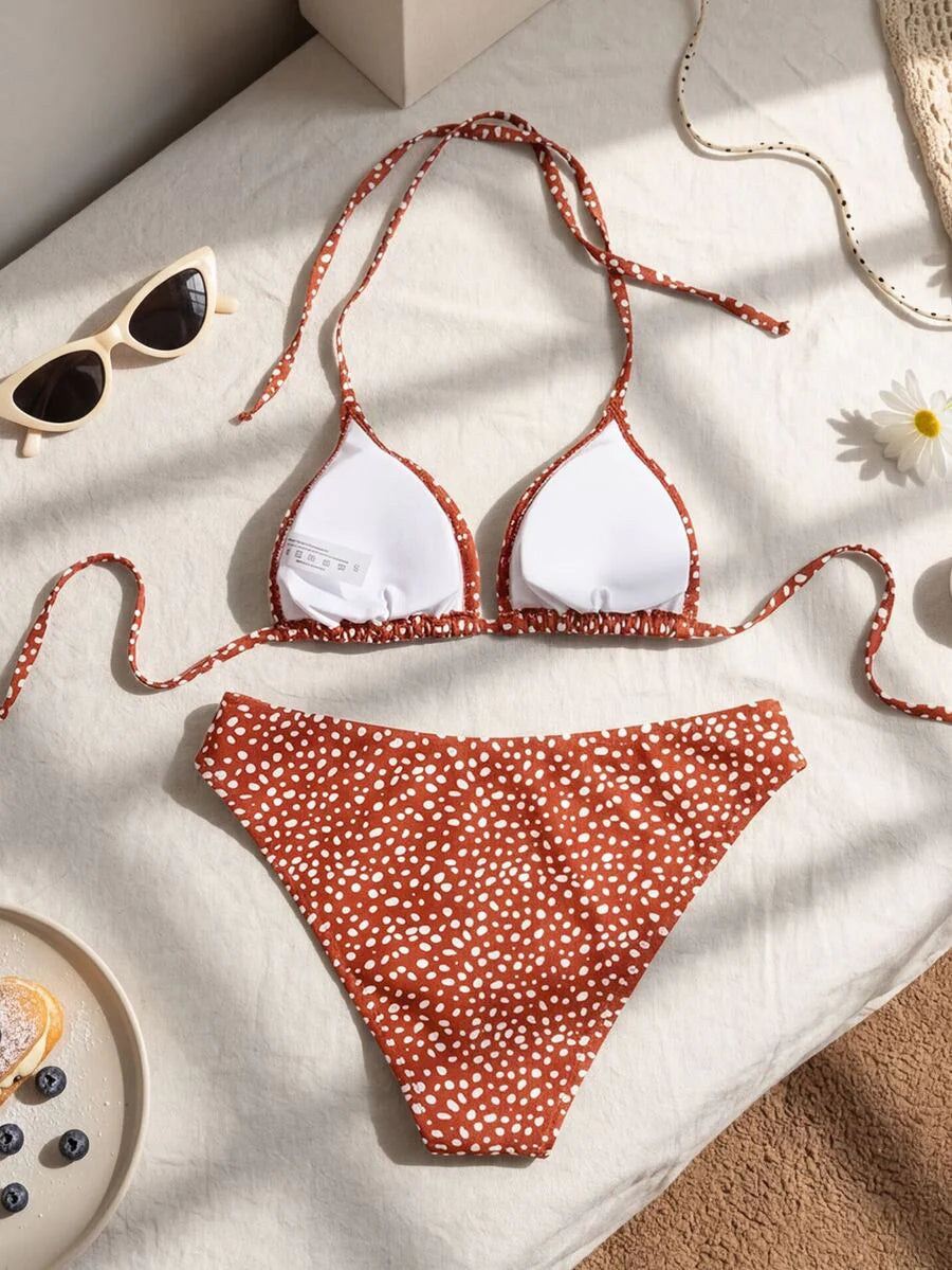 Swim Mod Women's Pink Polka Dot Print Halter Neck Low Waist Triangle Bikini Set, Summer Sexy Spring