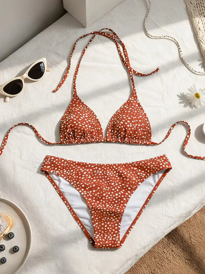 Swim Vcay Women's Summer New Contrast Color Striped Sexy Halter Triangle Cup Bikini Set