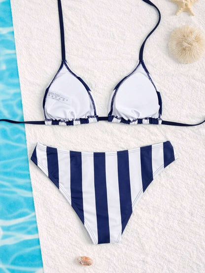 Swim Vcay Women's Summer New Contrast Color Striped Sexy Halter Triangle Cup Bikini Set
