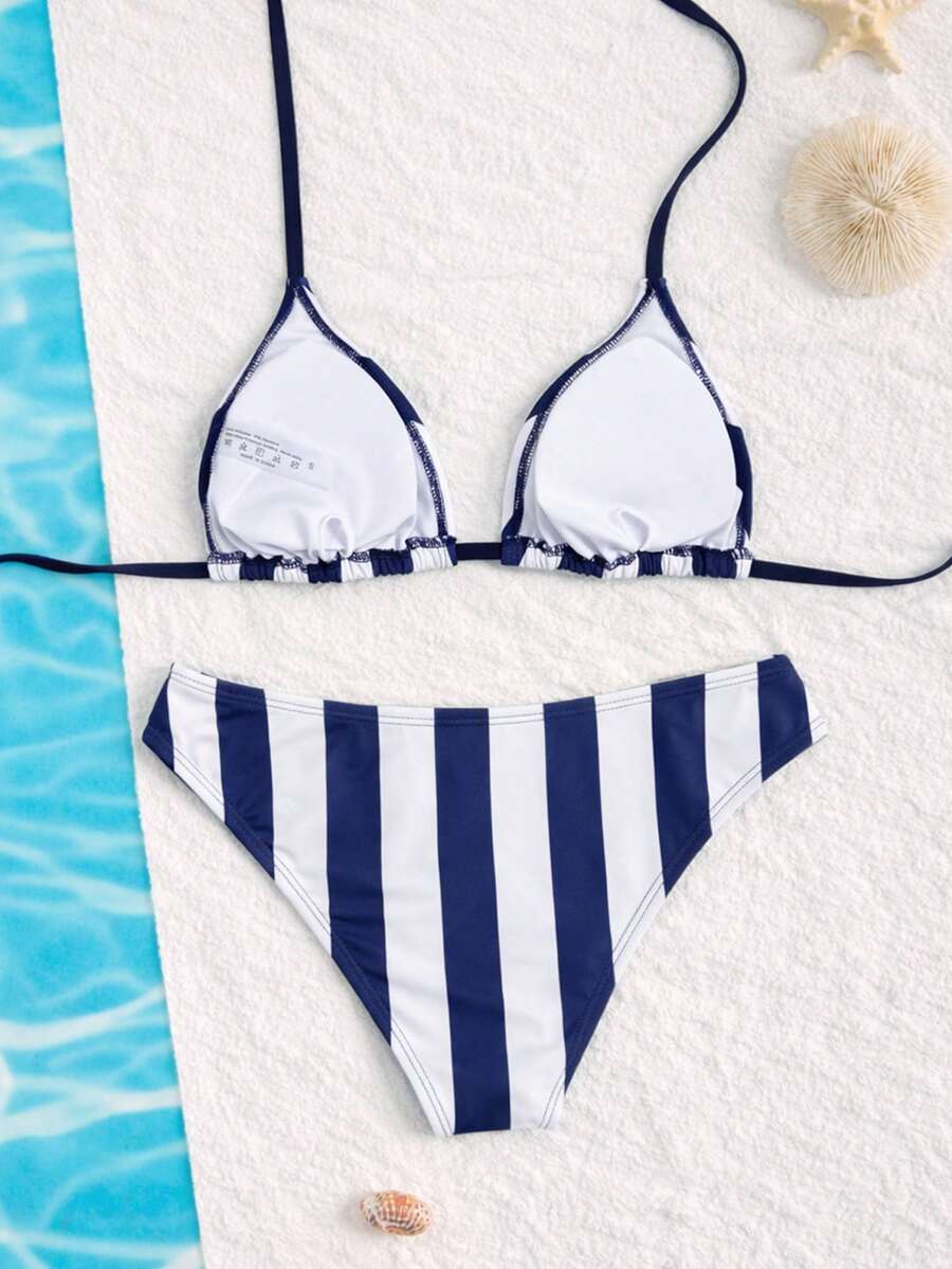 Swim Mod Women's Pink Polka Dot Print Halter Neck Low Waist Triangle Bikini Set, Summer Sexy Spring