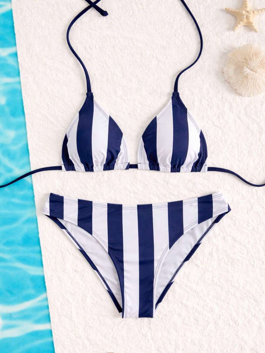 Swim Mod Women's Pink Polka Dot Print Halter Neck Low Waist Triangle Bikini Set, Summer Sexy Spring