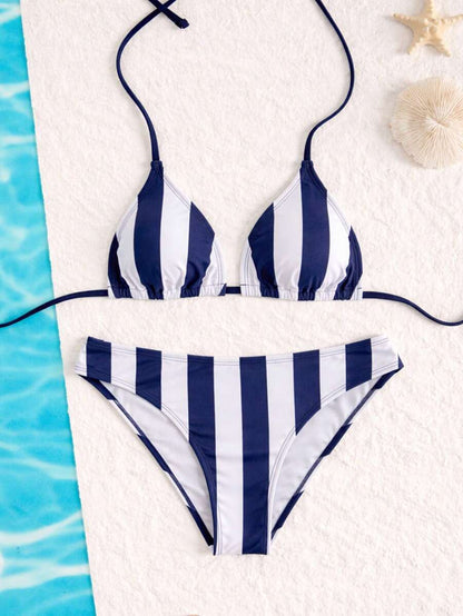 Swim Mod Women's Pink Polka Dot Print Halter Neck Low Waist Triangle Bikini Set, Summer Sexy Spring