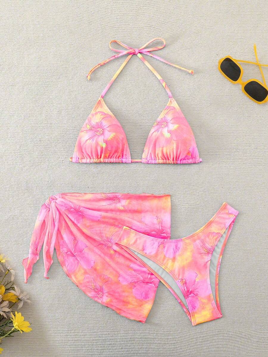 Women's 3-Piece Shell Print Bikini Set - V-Neck Halter, Triangle, Side Tie Skirt, Multicolor