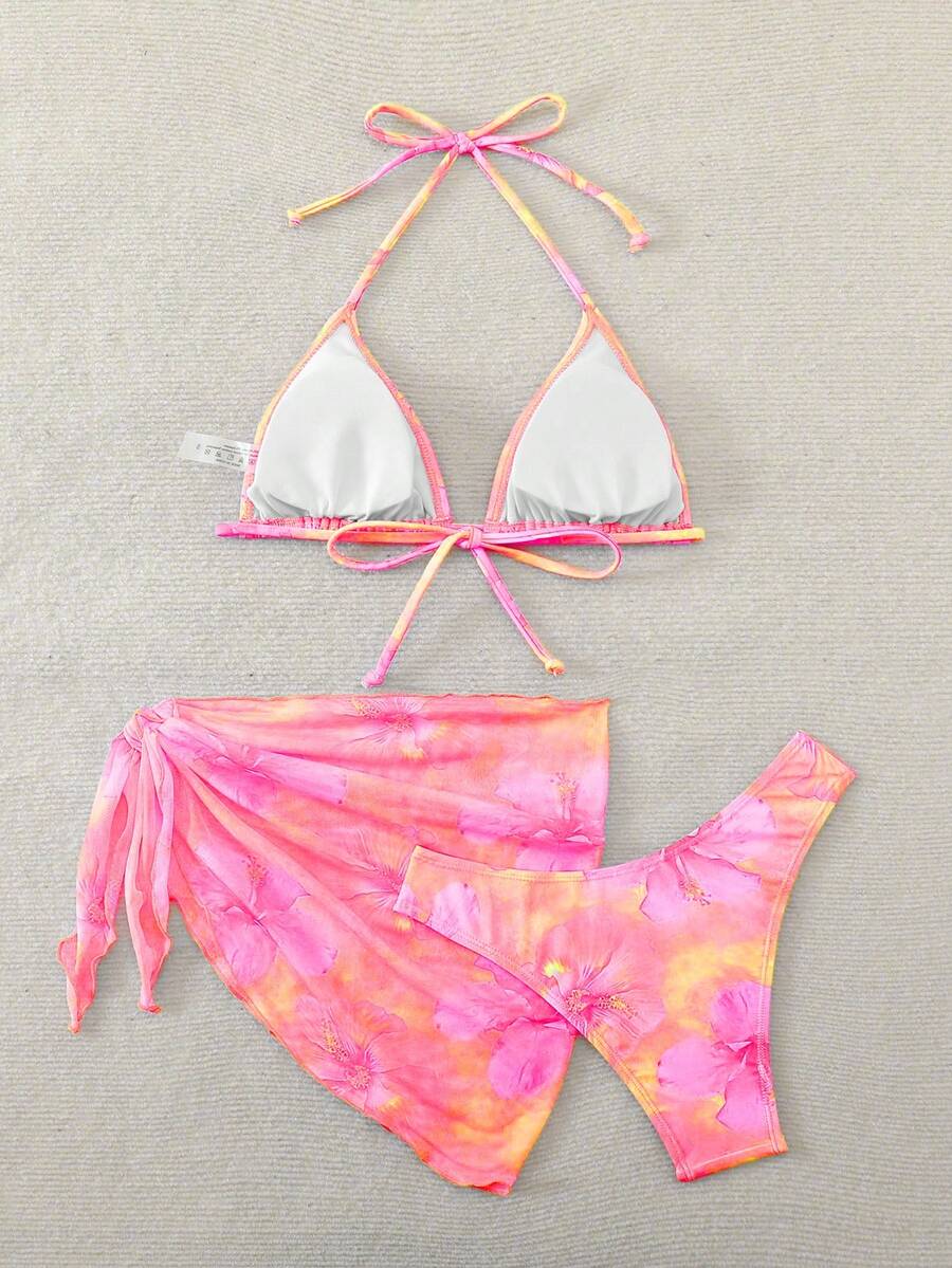 Women's 3-Piece Shell Print Bikini Set - V-Neck Halter, Triangle, Side Tie Skirt, Multicolor