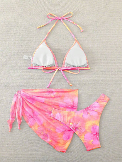 Women's 3-Piece Shell Print Bikini Set - V-Neck Halter, Triangle, Side Tie Skirt, Multicolor