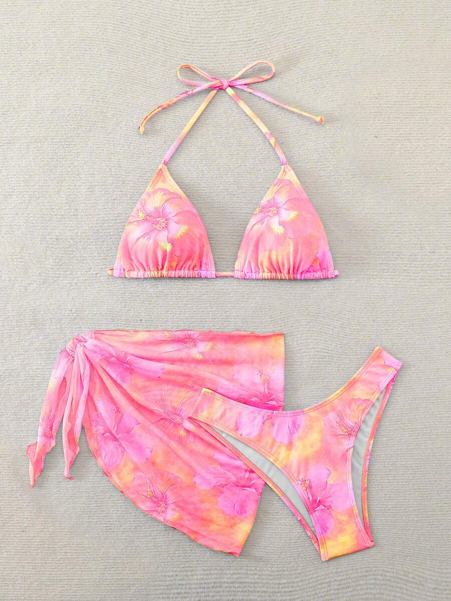 Women's 3-Piece Shell Print Bikini Set - V-Neck Halter, Triangle, Side Tie Skirt, Multicolor