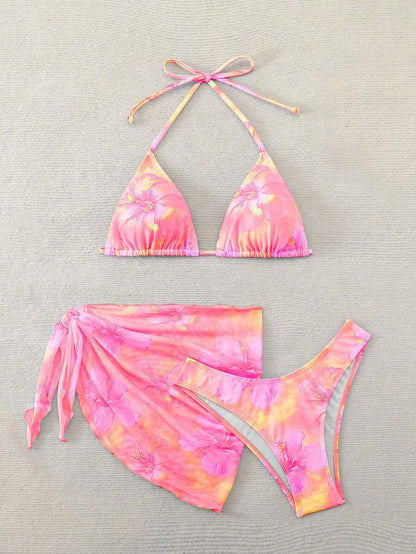 Women's 3-Piece Shell Print Bikini Set - V-Neck Halter, Triangle, Side Tie Skirt, Multicolor