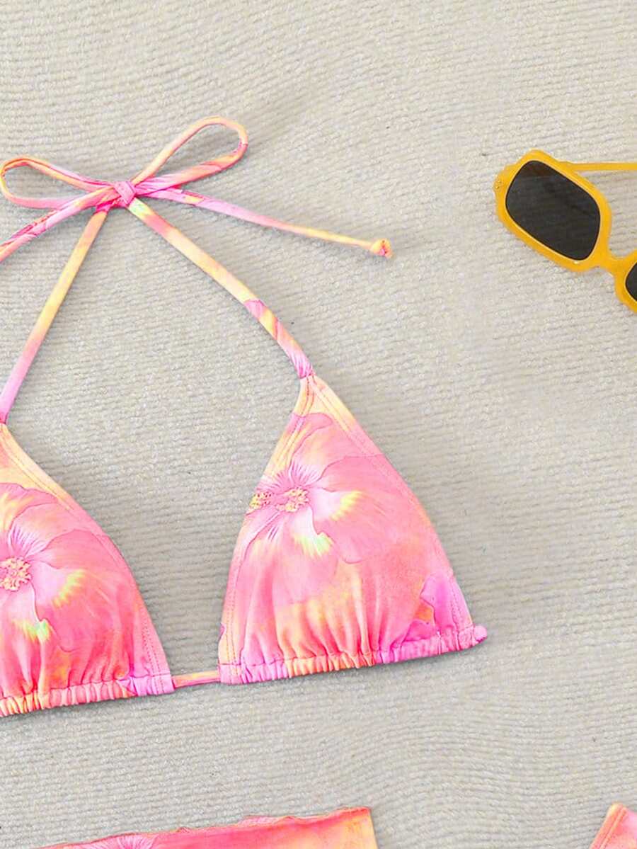 Women's 3-Piece Shell Print Bikini Set - V-Neck Halter, Triangle, Side Tie Skirt, Multicolor