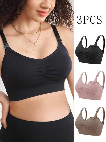 3PCS Maternity Nursing Bras Set Women Simple Solid Color Comfortable Breastfeeding Bra Set