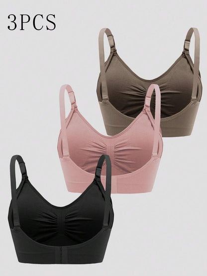 3PCS Maternity Nursing Bras Set Women Simple Solid Color Comfortable Breastfeeding Bra Set