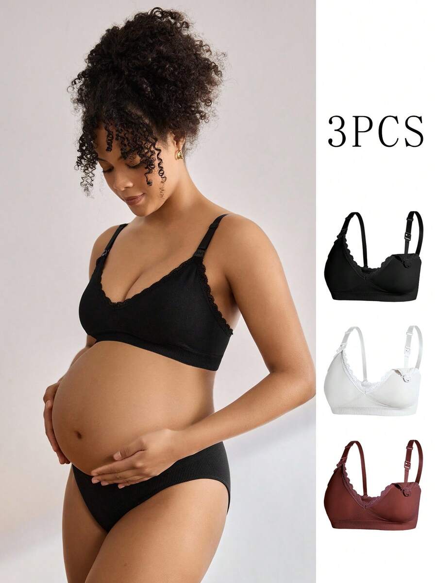 Maternity Nursing Bra Set 3 Pack - Seamless Solid Color Minimalist High Quality Breastfeeding