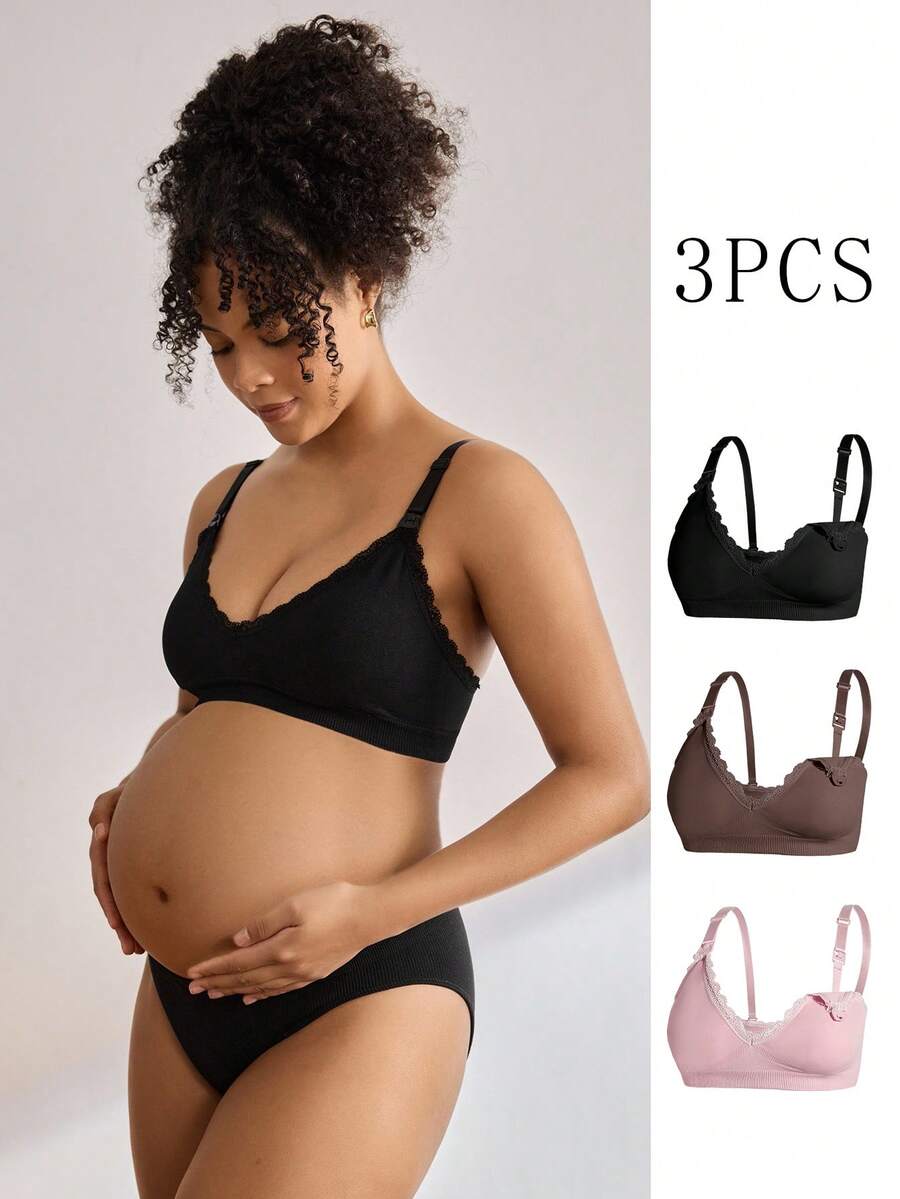 Maternity Nursing Bra Set 3 Pack - Seamless Solid Color Minimalist High Quality Breastfeeding