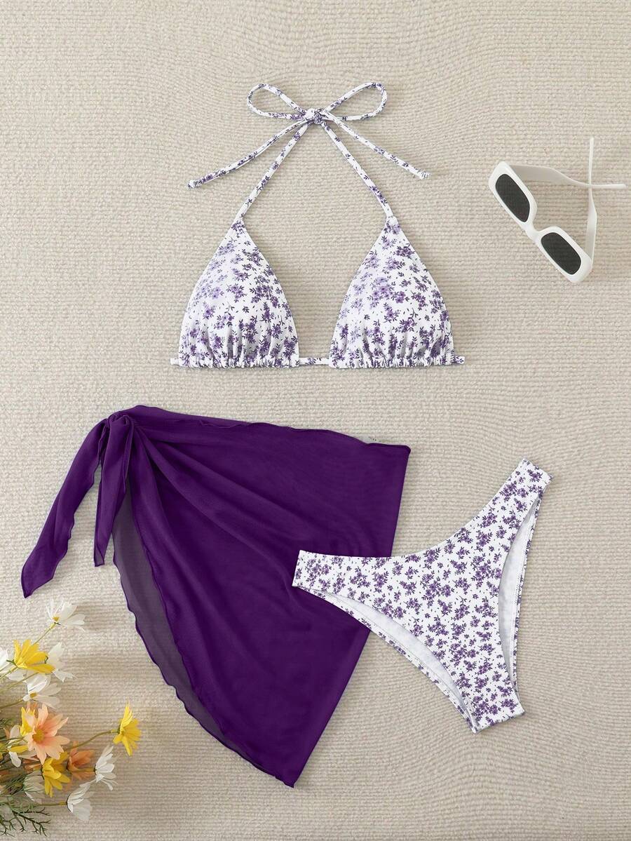 Women's 3-Piece Shell Print Bikini Set - V-Neck Halter, Triangle, Side Tie Skirt, Multicolor