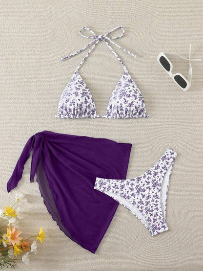 Women's 3-Piece Shell Print Bikini Set - V-Neck Halter, Triangle, Side Tie Skirt, Multicolor