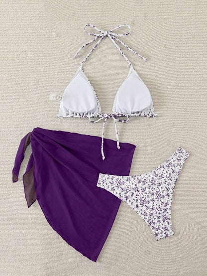 Women's 3-Piece Shell Print Bikini Set - V-Neck Halter, Triangle, Side Tie Skirt, Multicolor