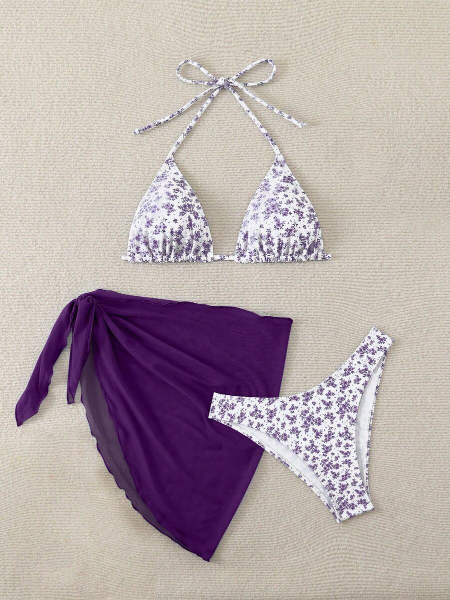 Women's 3-Piece Shell Print Bikini Set - V-Neck Halter, Triangle, Side Tie Skirt, Multicolor