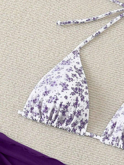 Women's 3-Piece Shell Print Bikini Set - V-Neck Halter, Triangle, Side Tie Skirt, Multicolor