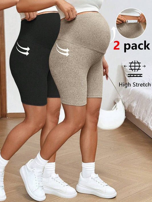 2-Pack Ribbed Maternity Biker Shorts in Coffee Brown – Ultra High Waist Slim Fit Athletic Yoga Shorts Set for Pregnancy & Postpartum