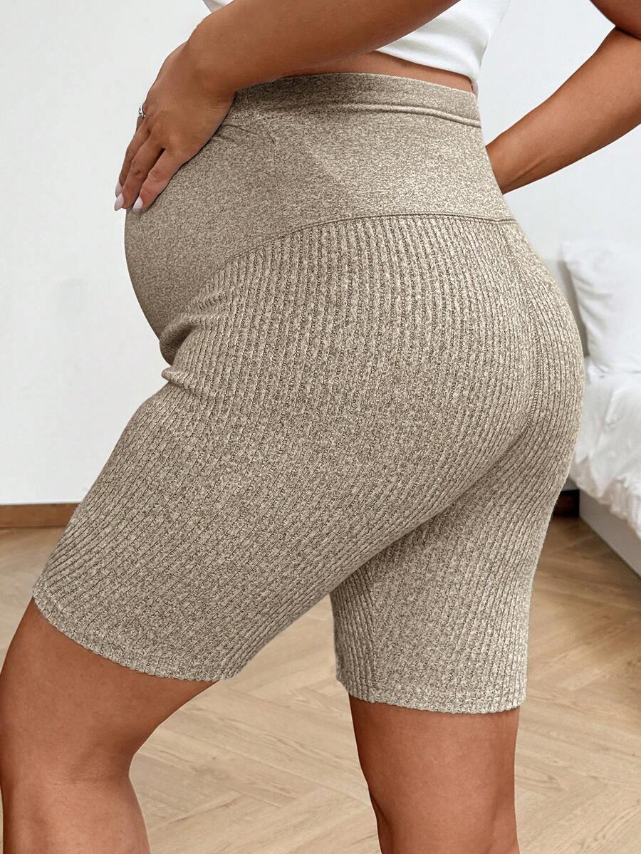 2-Pack Ribbed Maternity Biker Shorts in Coffee Brown – Ultra High Waist Slim Fit Athletic Yoga Shorts Set for Pregnancy & Postpartum