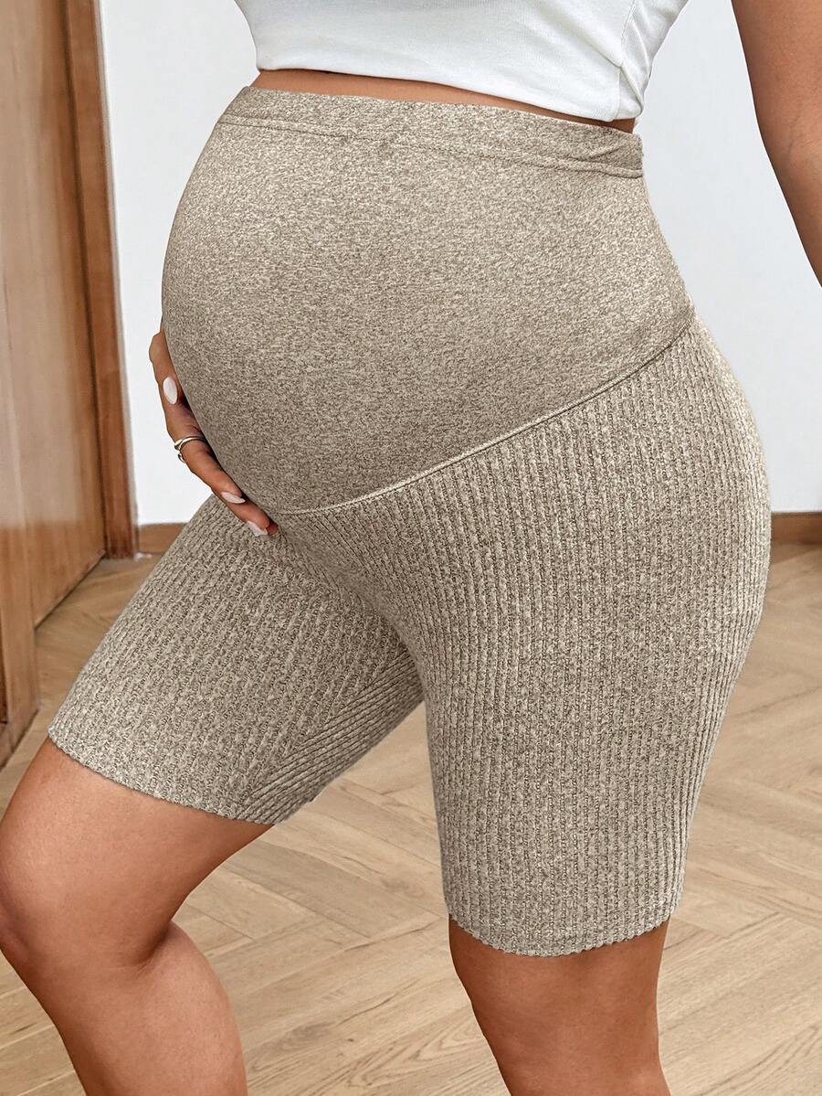 2-Pack Ribbed Maternity Biker Shorts in Coffee Brown – Ultra High Waist Slim Fit Athletic Yoga Shorts Set for Pregnancy & Postpartum