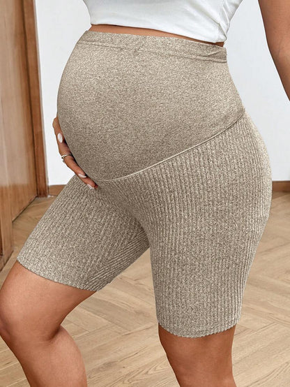 2-Pack Ribbed Maternity Biker Shorts in Coffee Brown – Ultra High Waist Slim Fit Athletic Yoga Shorts Set for Pregnancy & Postpartum