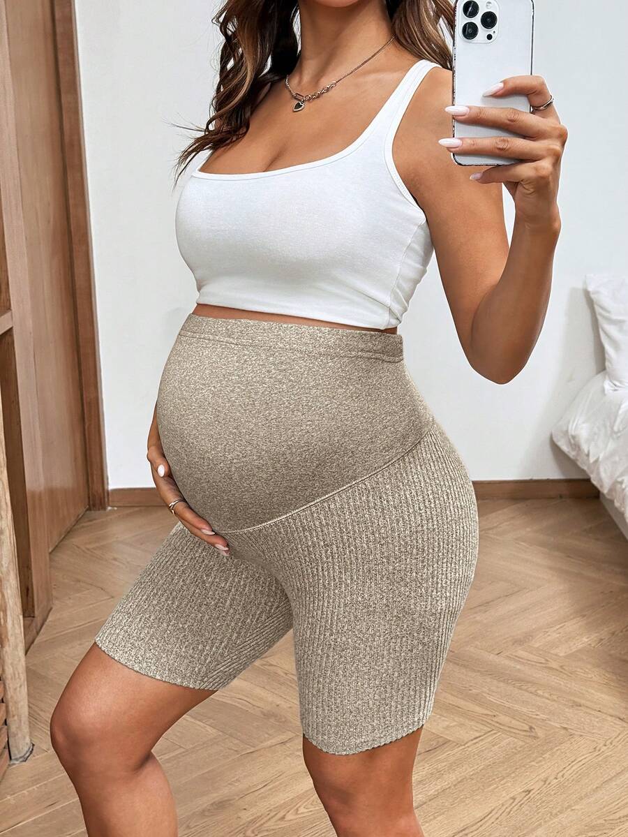 2-Pack Ribbed Maternity Biker Shorts in Coffee Brown – Ultra High Waist Slim Fit Athletic Yoga Shorts Set for Pregnancy & Postpartum