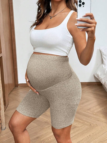 2-Pack Ribbed Maternity Biker Shorts in Coffee Brown – Ultra High Waist Slim Fit Athletic Yoga Shorts Set for Pregnancy & Postpartum