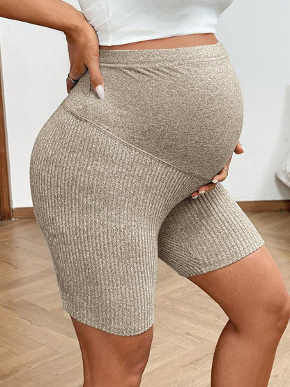2-Pack Ribbed Maternity Biker Shorts in Coffee Brown – Ultra High Waist Slim Fit Athletic Yoga Shorts Set for Pregnancy & Postpartum
