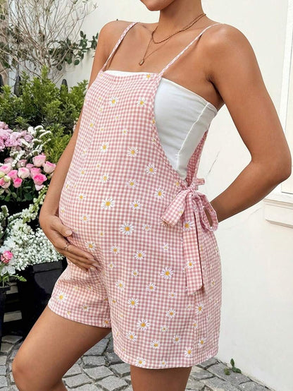 Mauve Purple Daisy Print Maternity Romper - Boho Spaghetti Strap Side Tie Maternity Jumper for Summer Vacation and Beach Outfits