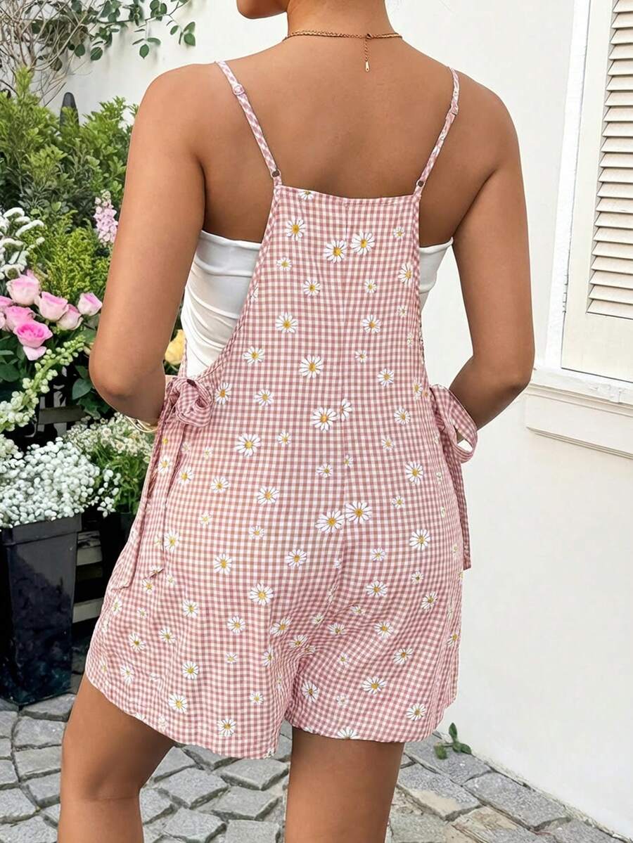 Dusty Pink Plaid Maternity Romper with Daisy Detail – Boho Spaghetti Strap Side Tie Summer Vacation Cami Jumpsuit for Pregnant Women