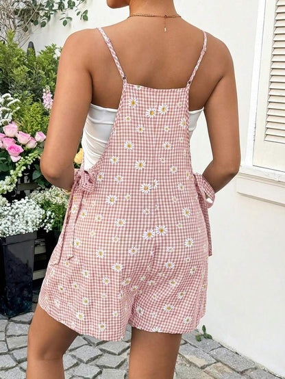 Mauve Purple Daisy Print Maternity Romper - Boho Spaghetti Strap Side Tie Maternity Jumper for Summer Vacation and Beach Outfits