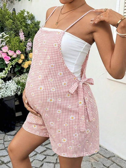 Mauve Purple Daisy Print Maternity Romper - Boho Spaghetti Strap Side Tie Maternity Jumper for Summer Vacation and Beach Outfits