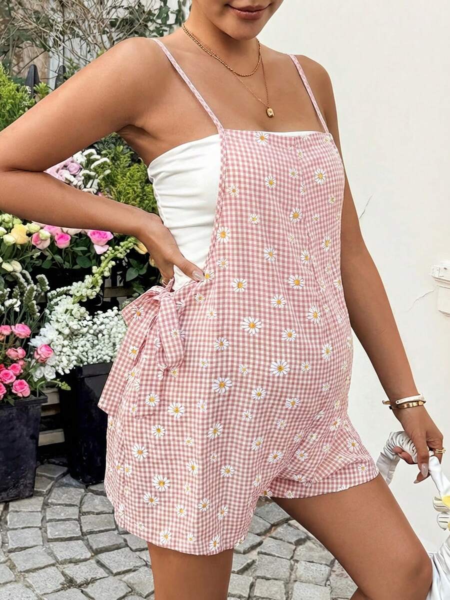 Mauve Purple Daisy Print Maternity Romper - Boho Spaghetti Strap Side Tie Maternity Jumper for Summer Vacation and Beach Outfits