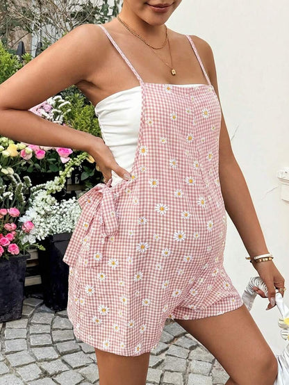 Dusty Pink Plaid Maternity Romper with Daisy Detail – Boho Spaghetti Strap Side Tie Summer Vacation Cami Jumpsuit for Pregnant Women