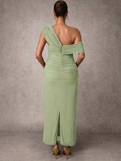 Elegant Solid Color Ruched Asymmetric Neck Slit Maternity Dress, Summer