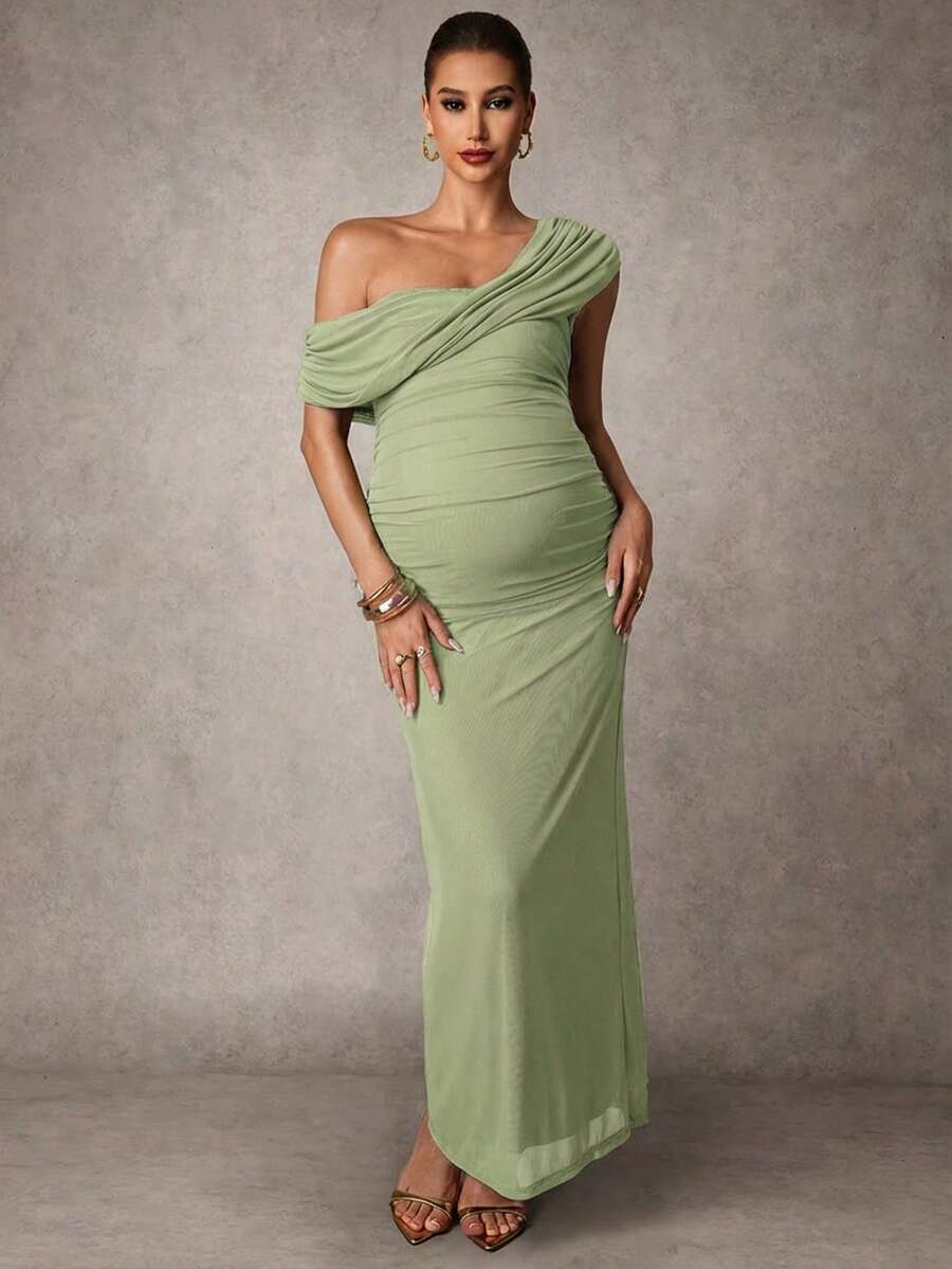 Elegant Solid Color Ruched Asymmetric Neck Slit Maternity Dress, Summer