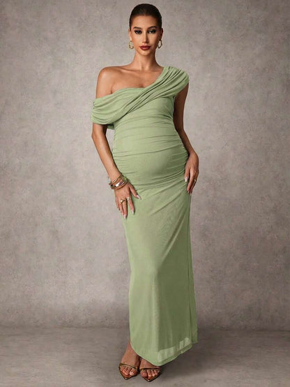 Elegant Solid Color Ruched Asymmetric Neck Slit Maternity Dress, Summer