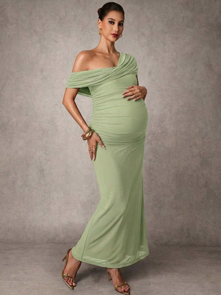 Elegant Solid Color Ruched Asymmetric Neck Slit Maternity Dress, Summer