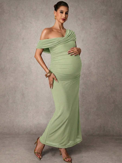 Elegant Solid Color Ruched Asymmetric Neck Slit Maternity Dress, Summer