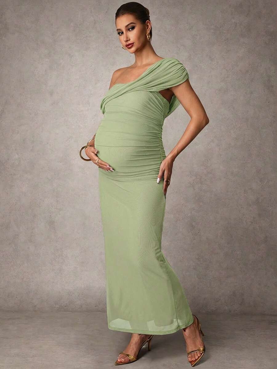 Elegant Solid Color Ruched Asymmetric Neck Slit Maternity Dress, Summer
