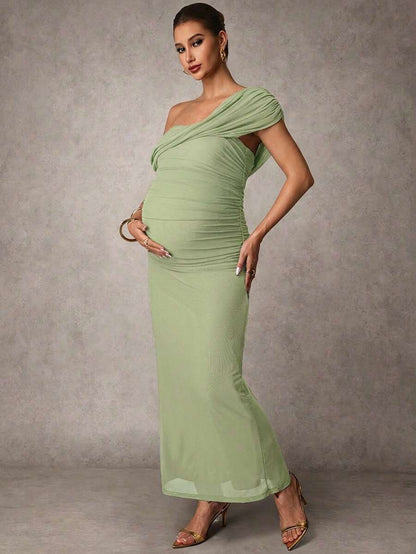 Elegant Solid Color Ruched Asymmetric Neck Slit Maternity Dress, Summer
